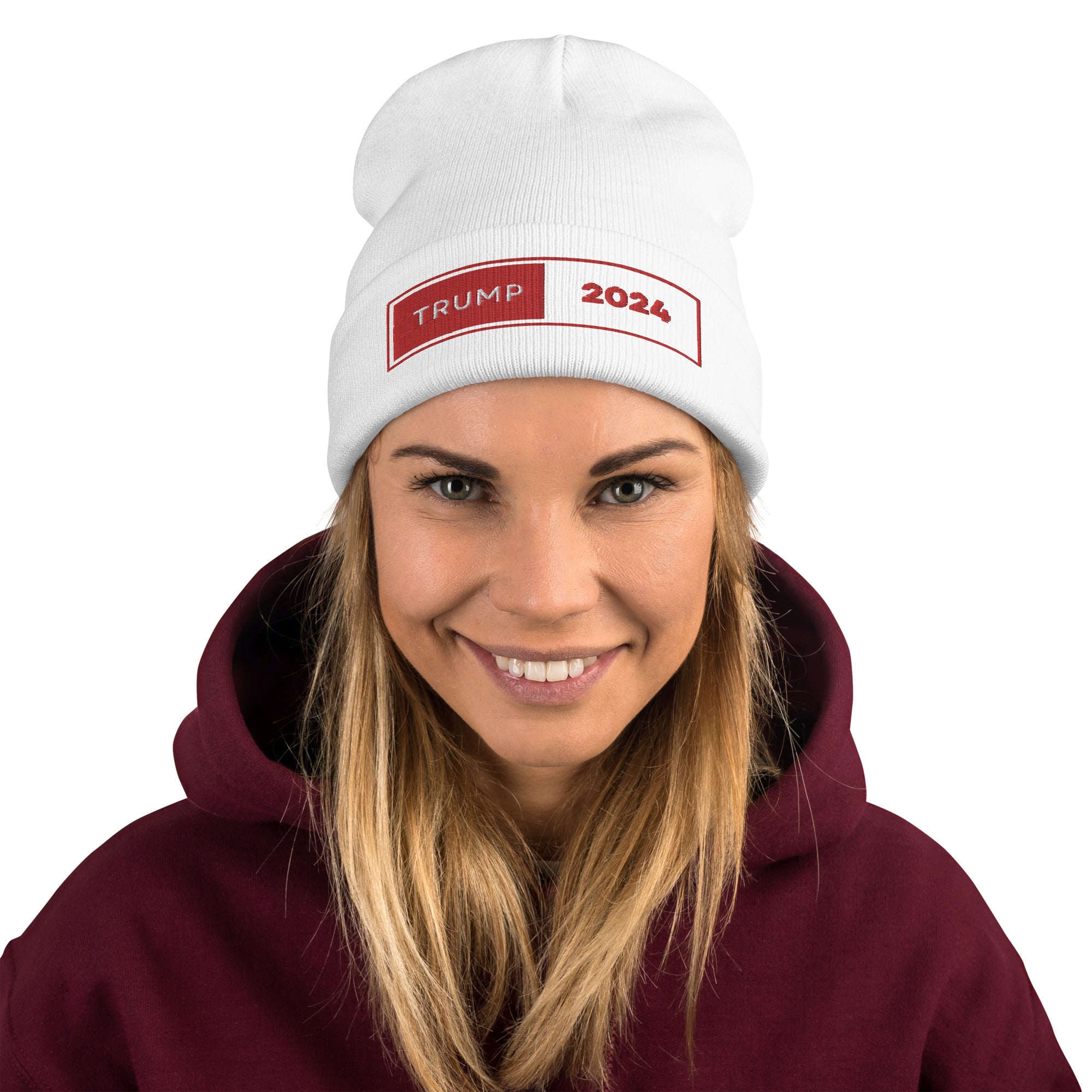 Trump 2024 Embroidered Beanie The American Tribune Store   Knit Beanie White Front 659c276804f22 